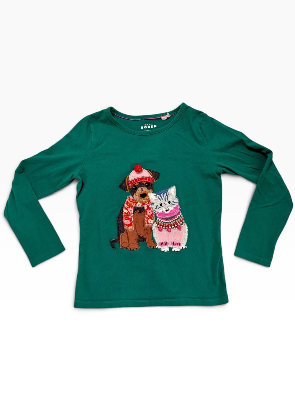 Mini Boden Emerald Green Long-Sleeve Tee with Dog & Cat Appliqué, size 7-8
